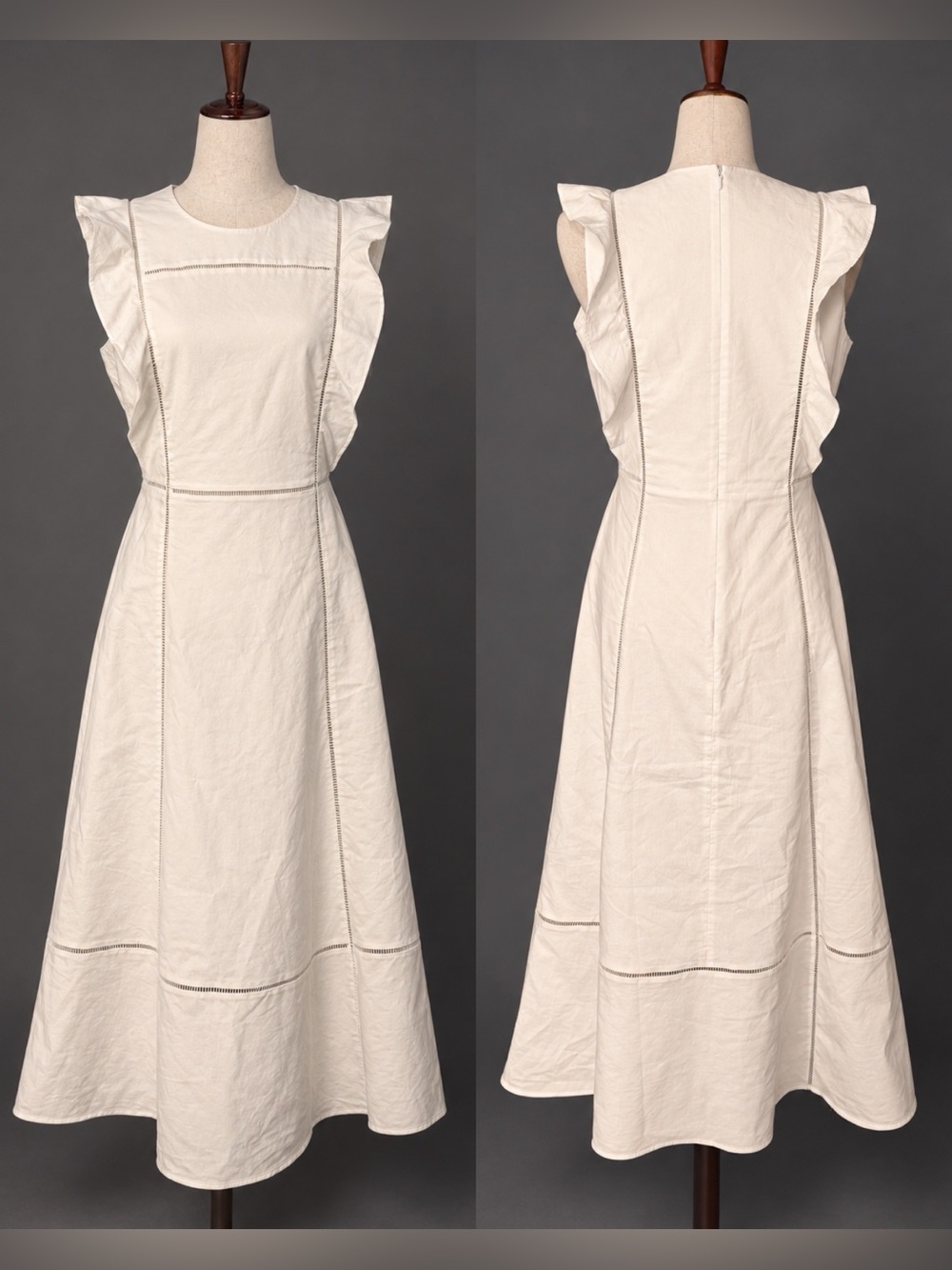 COS white linen midi maxi dress. Bodice ruffles, open stitch detail, bridal?- M